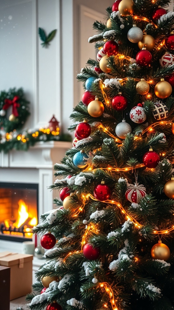 A decorated Christmas tree with lights and ornaments, snowy background, and a cozy fireplace.